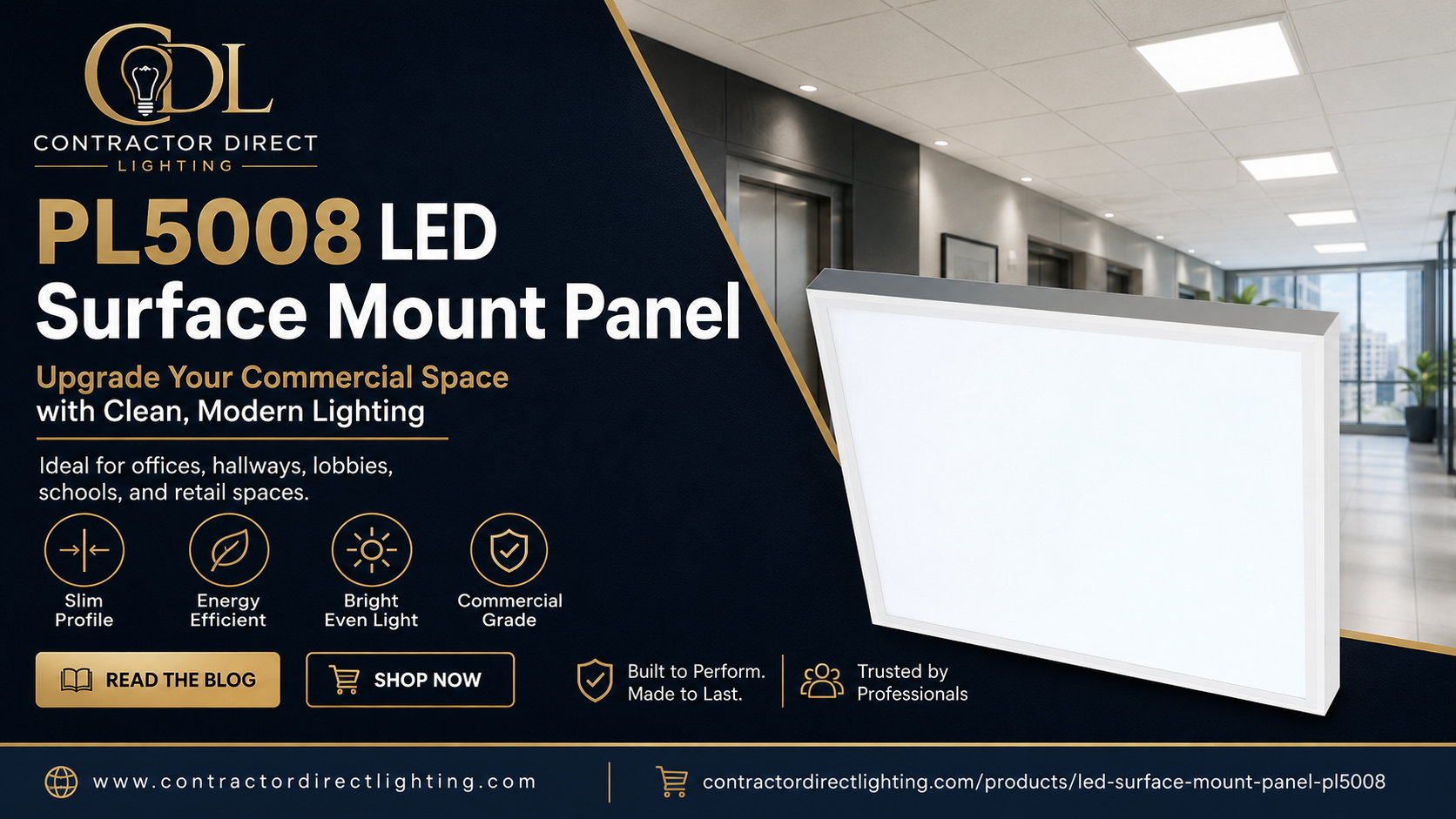 PL5008 LED surface mount panel from Contractor Direct Lighting displayed in a modern commercial hallway with bright, even ceiling illumination.