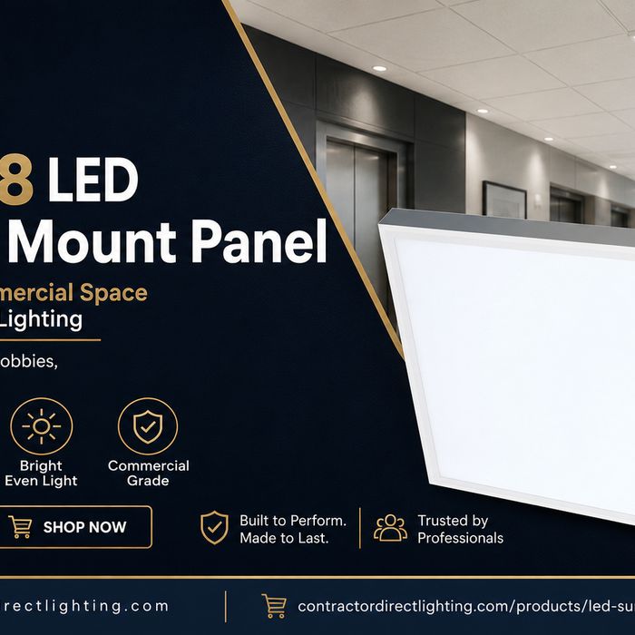 PL5008 LED surface mount panel from Contractor Direct Lighting displayed in a modern commercial hallway with bright, even ceiling illumination.