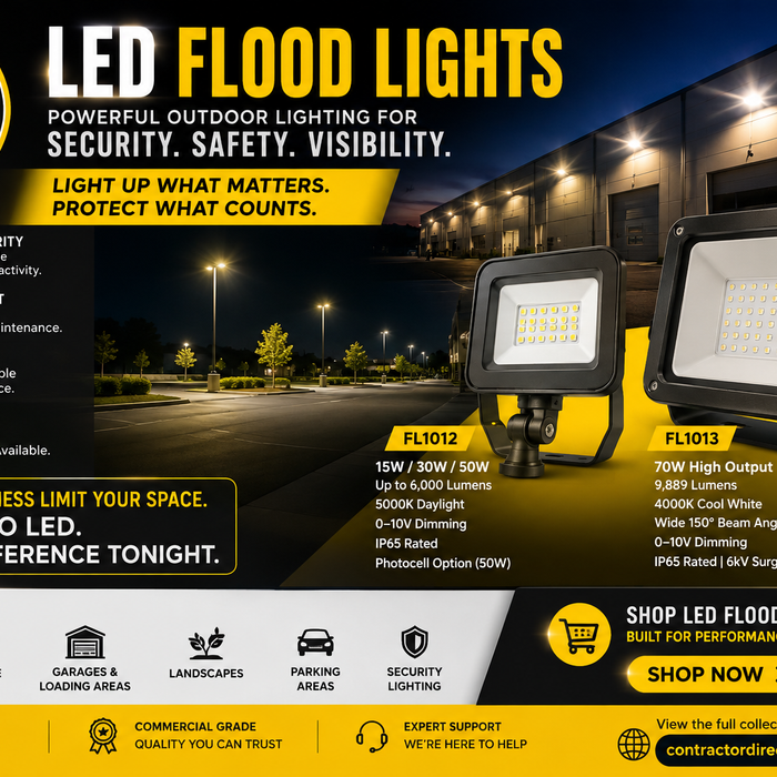 Promotional banner for Contractor Direct Lighting featuring CDL logo, LED flood lights, outdoor commercial building lighting at night, product benefits, use cases, and a call-to-action to shop LED flood lights at contractordirectlighting.com.