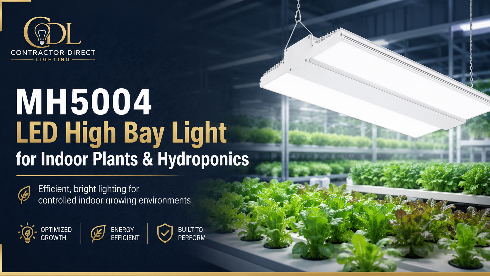 MH5004 LED linear high bay light providing supplemental illumination above an indoor hydroponic growing area
