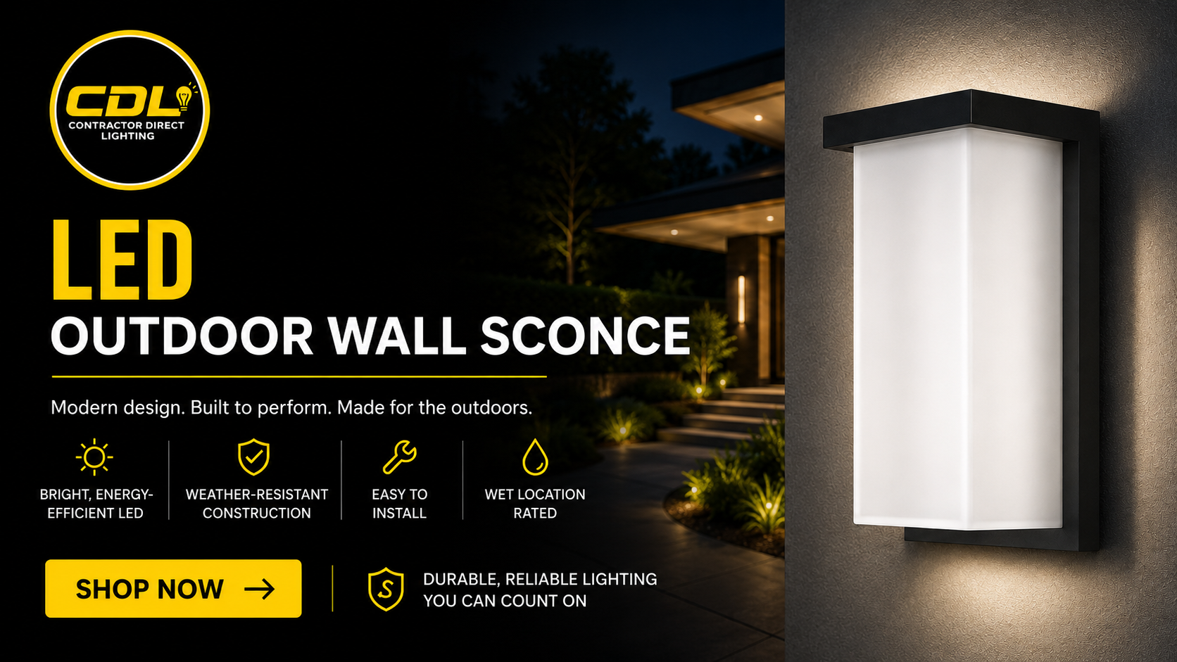 Contractor Direct Lighting LED outdoor wall sconce illuminating a modern home exterior with bright, energy-efficient,