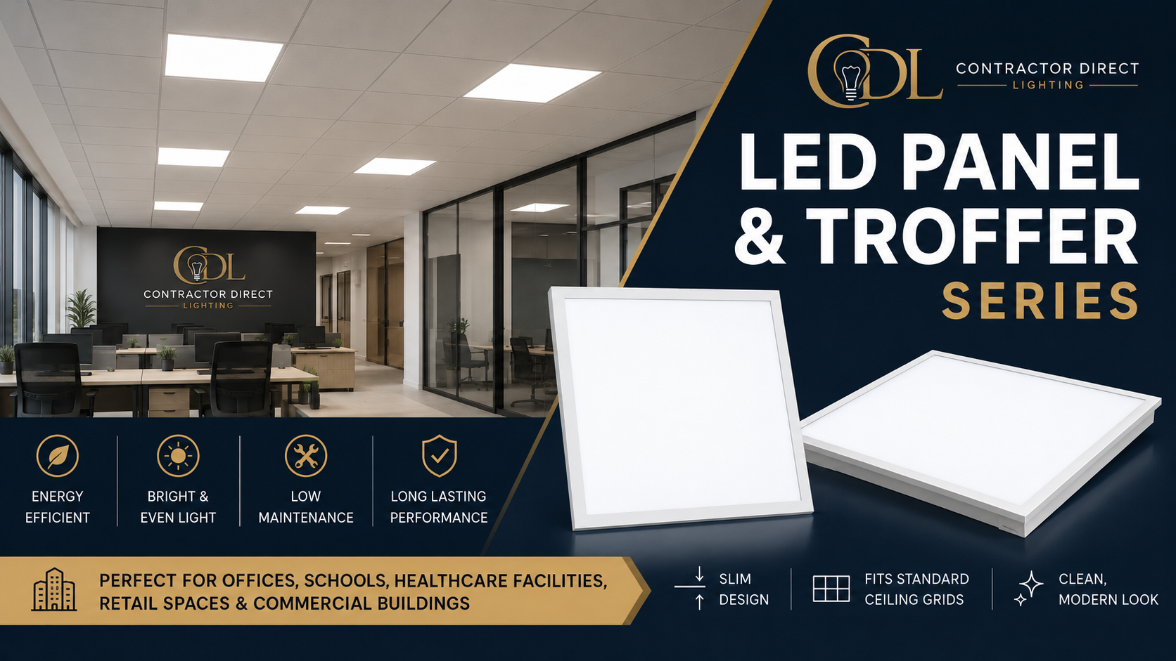 Contractor Direct Lighting square LED panel and troffer fixtures displayed in a modern office with bright, energy-efficient ceiling lighting.