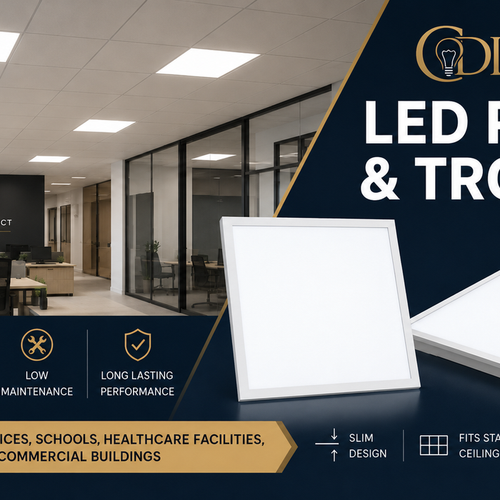 Contractor Direct Lighting square LED panel and troffer fixtures displayed in a modern office with bright, energy-efficient ceiling lighting.