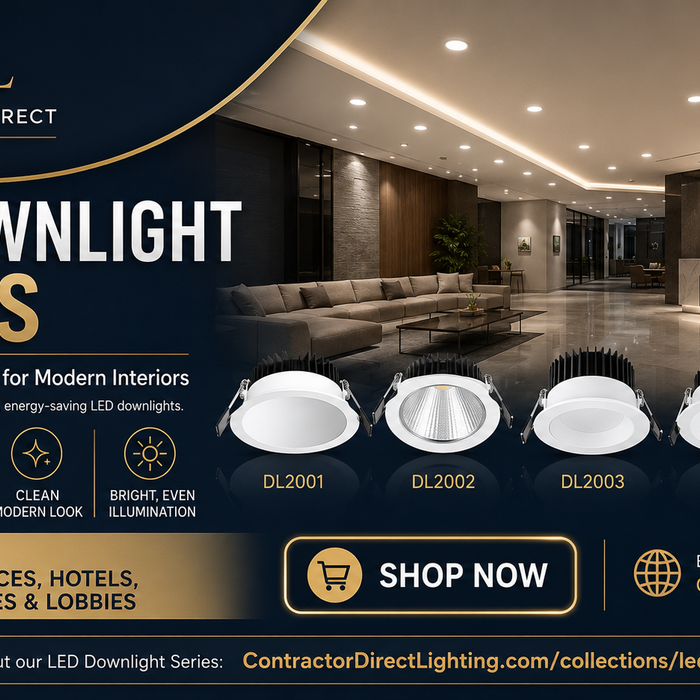 Contractor Direct Lighting LED Downlight Series featuring DL2001–DL2005 recessed fixtures in a modern commercial interior with bright, even ceiling illumination.