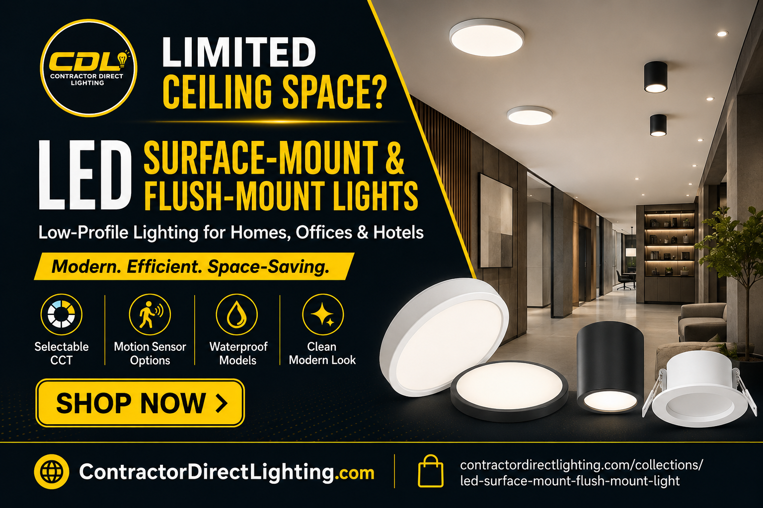 Contractor Direct Lighting LED surface-mount and flush-mount ceiling lights illuminating a modern hallway with low-profile, energy-efficient fixtures.