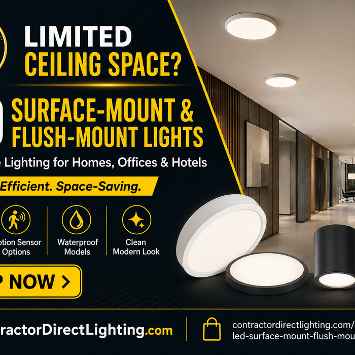 Contractor Direct Lighting LED surface-mount and flush-mount ceiling lights illuminating a modern hallway with low-profile, energy-efficient fixtures.