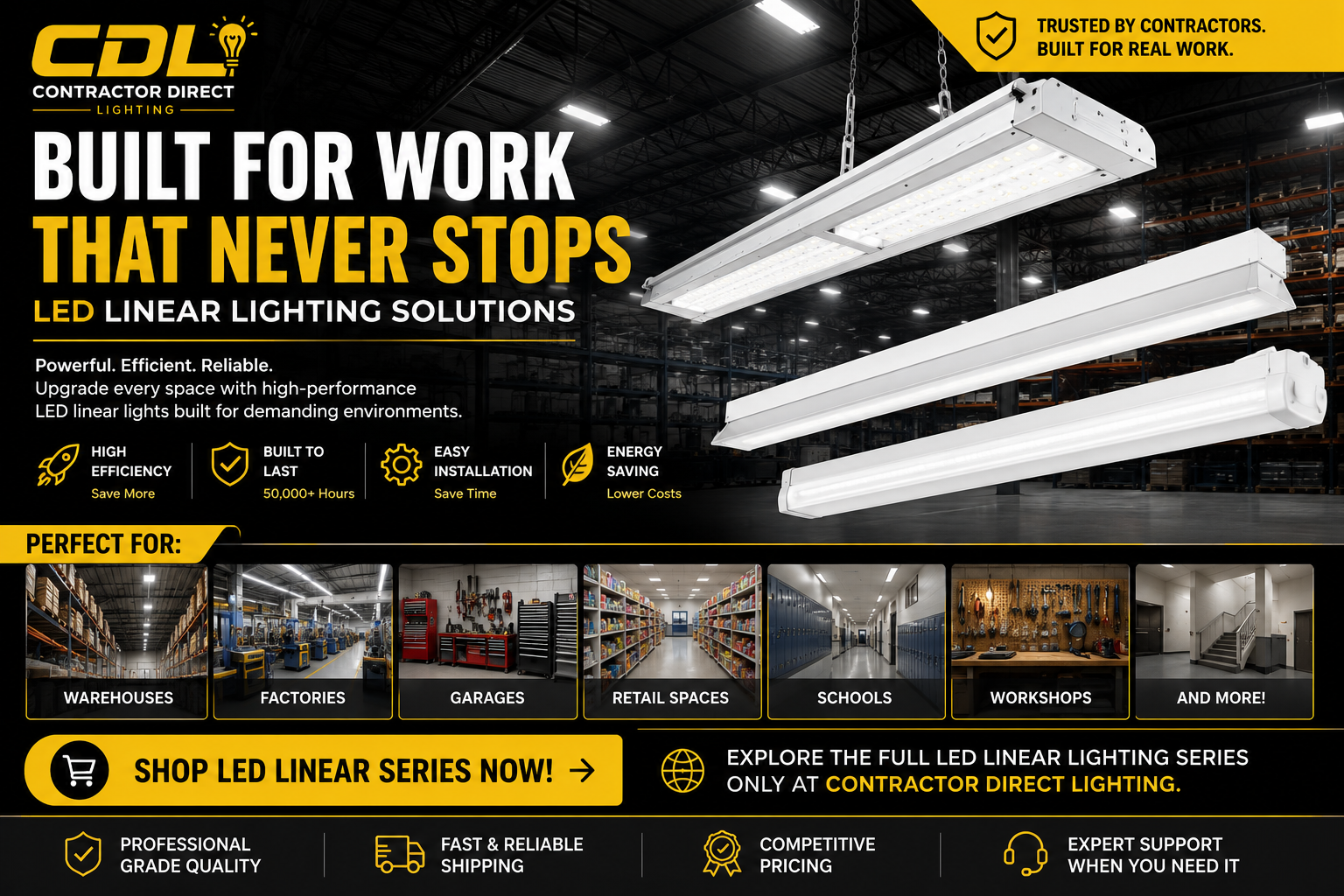 Contractor Direct Lighting LED Linear Series banner featuring high-efficiency linear fixtures for warehouses, factories, garages, schools, workshops, and retail spaces.