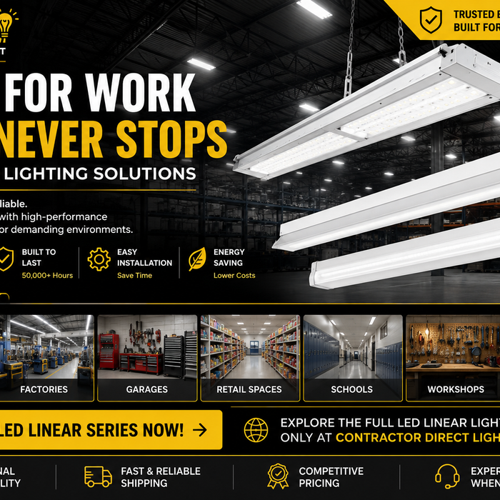 Contractor Direct Lighting LED Linear Series banner featuring high-efficiency linear fixtures for warehouses, factories, garages, schools, workshops, and retail spaces.