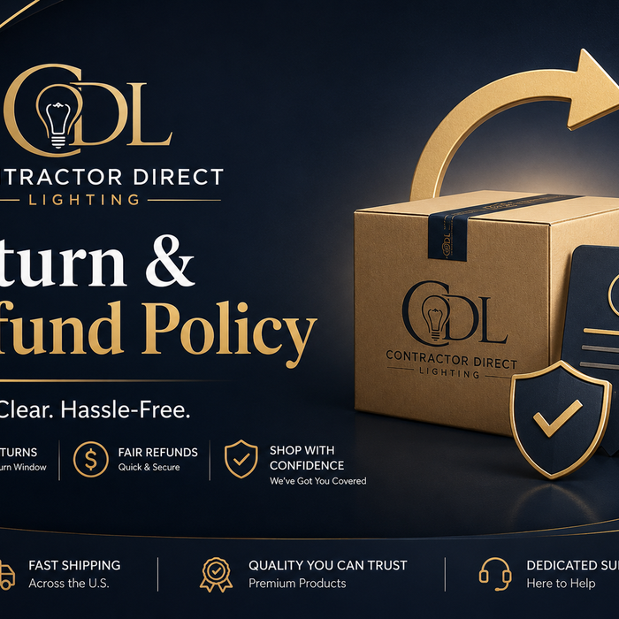 Contractor Direct Lighting return and refund policy banner featuring a branded package, refund receipt, shield icon, and 30-day returns.