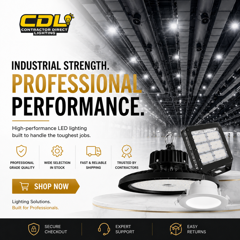 Contractor Direct Lighting promotional graphic featuring the yellow CDL logo, an industrial warehouse ceiling with bright LED fixtures, high-bay and commercial lighting products, and the message “Industrial Strength. Professional Performance.”