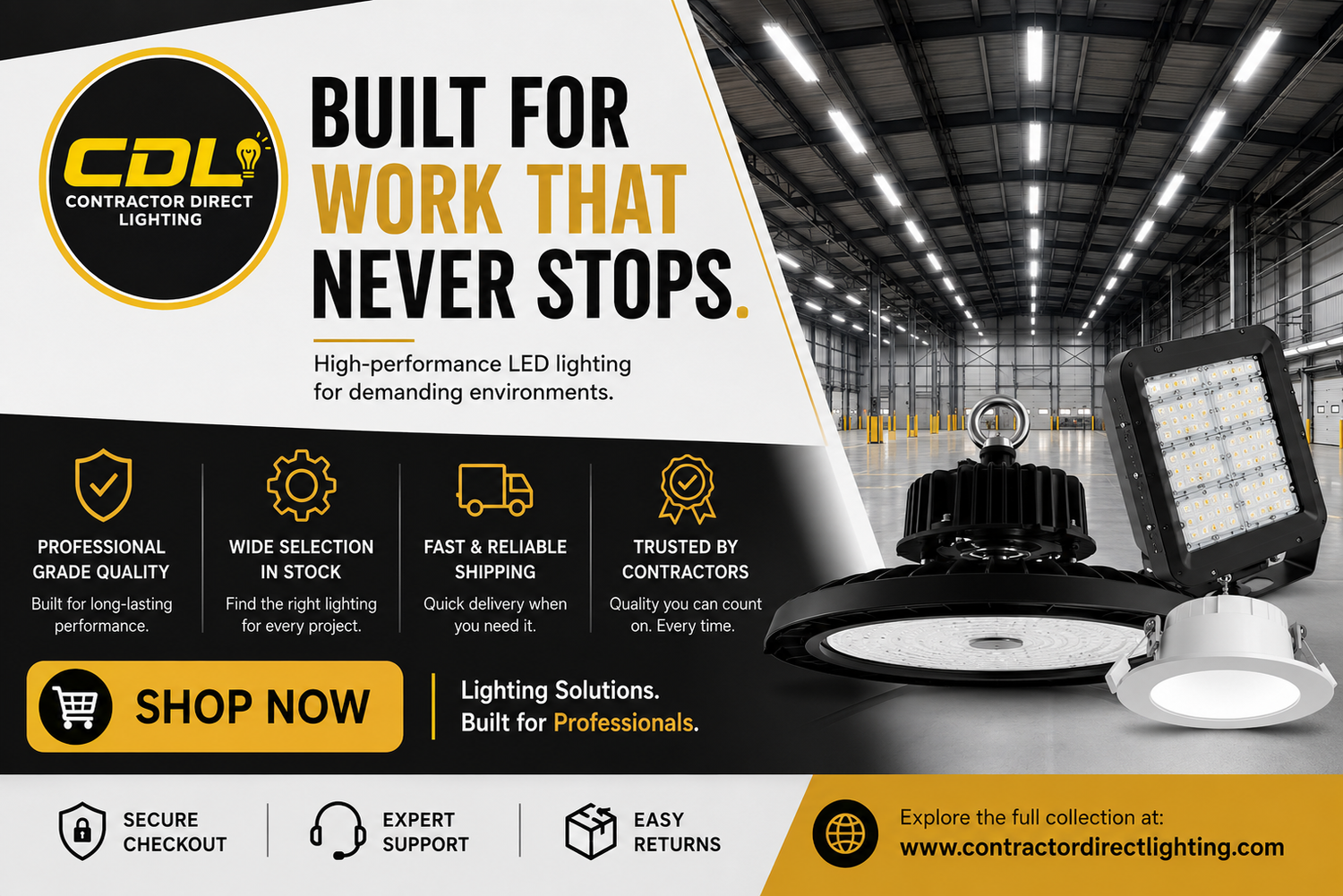 Contractor Direct Lighting social sharing banner featuring the CDL logo and commercial and industrial LED lighting solutions in a modern warehouse.