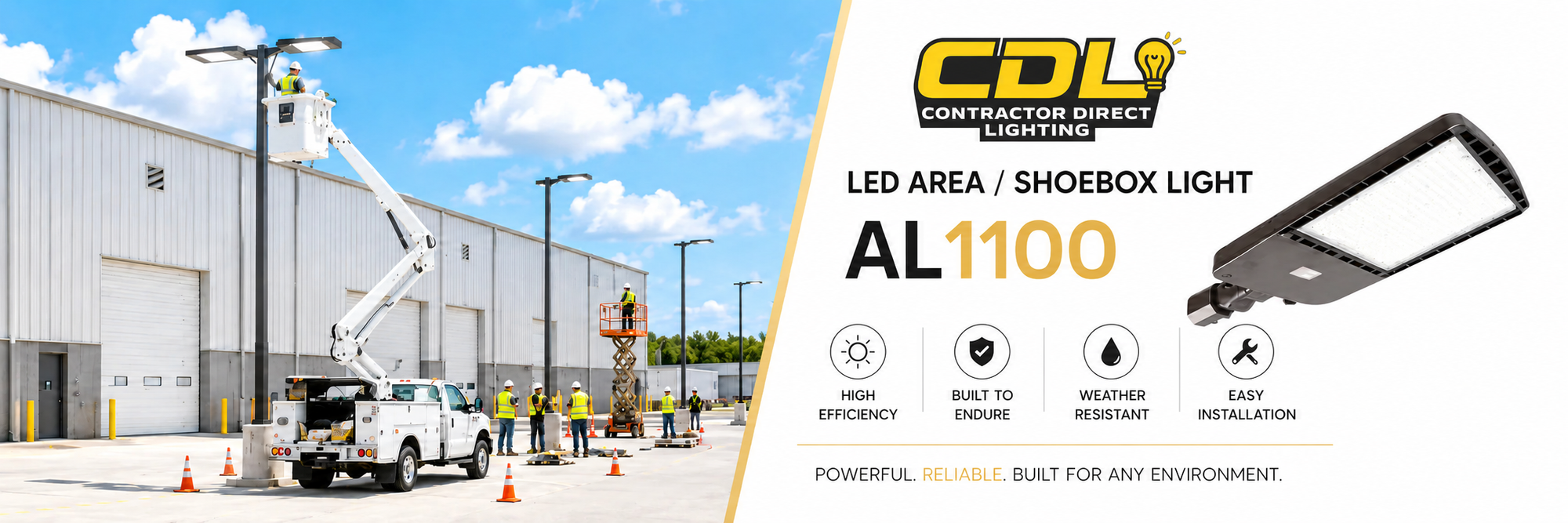 Contractor Direct Lighting banner featuring the AL1100 LED area and shoebox light, outdoor warehouse installation crews, and highlights for efficiency, durability, weather resistance, and easy installation.