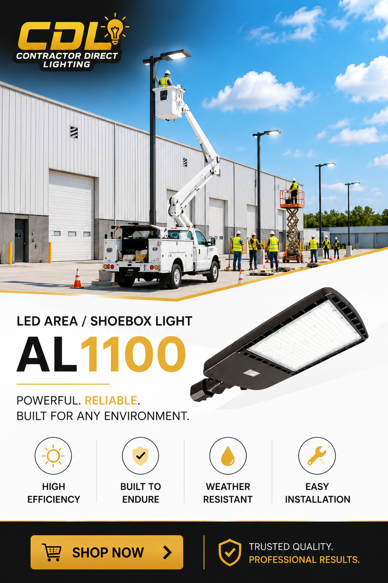 Mobile banner for Contractor Direct Lighting featuring the AL1100 LED area and shoebox light, warehouse installation crews, high-efficiency and weather-resistant features, and a Shop Now call to action.