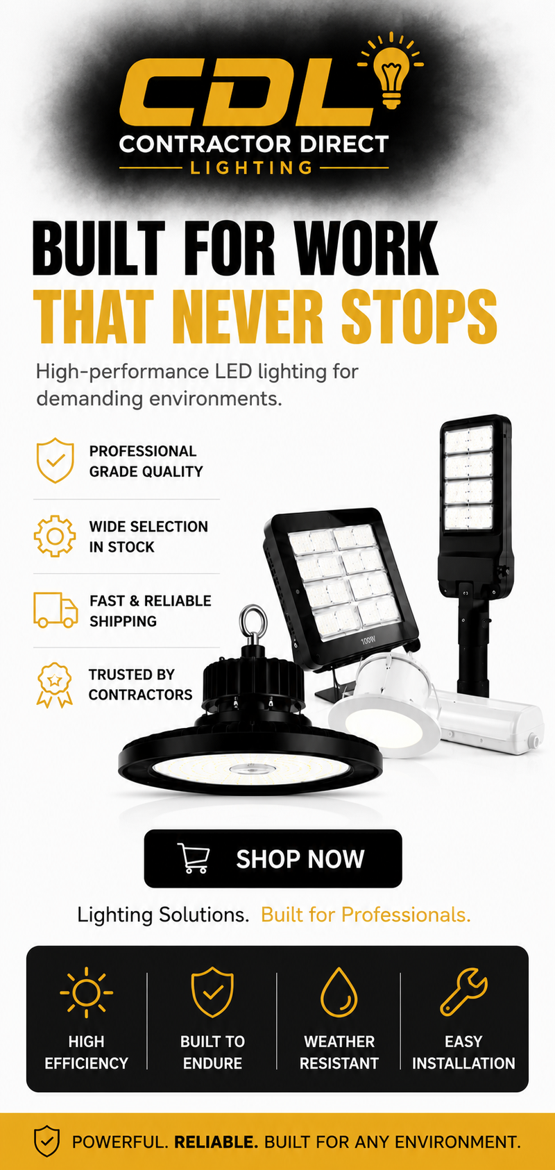 Mobile Contractor Direct Lighting banner featuring the yellow CDL logo, commercial LED high-bay, area, street, recessed, and linear lights, plus benefits including professional-grade quality, fast shipping, weather resistance, and easy installation.